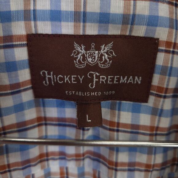 Hickey Freeman Shirt Mens L Blue Brown Plaid Cotton Linen Blend Button Up Casual - Picture 5 of 6